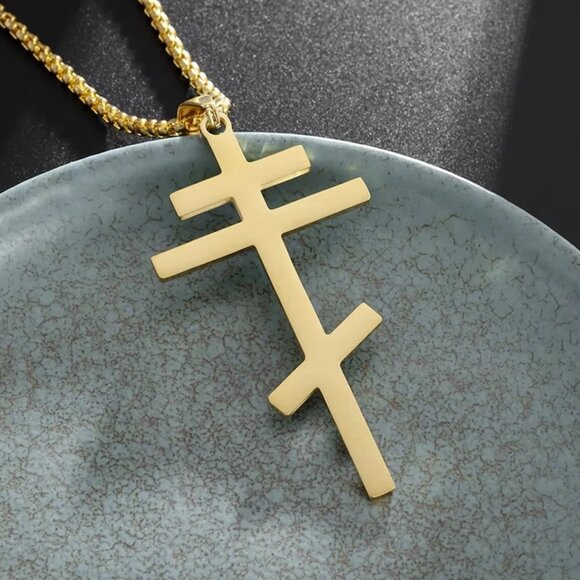 Gold Cross Necklace Eastern Orthodox Stainless Steel Pendant Men Russian Greek‎ - Picture 1 of 6